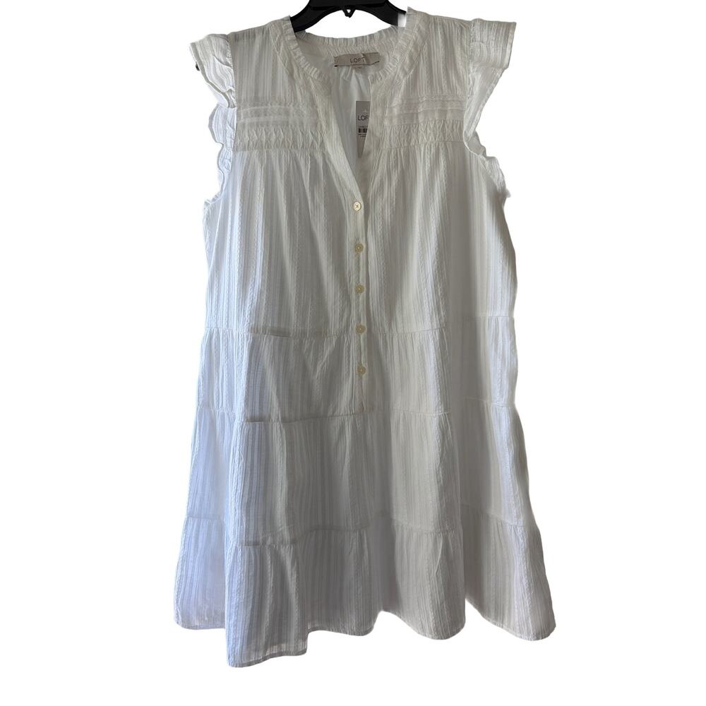 NWT LOFT White mini dress Large Vneck Lined Tiered Ruffle Flutter cottagecore